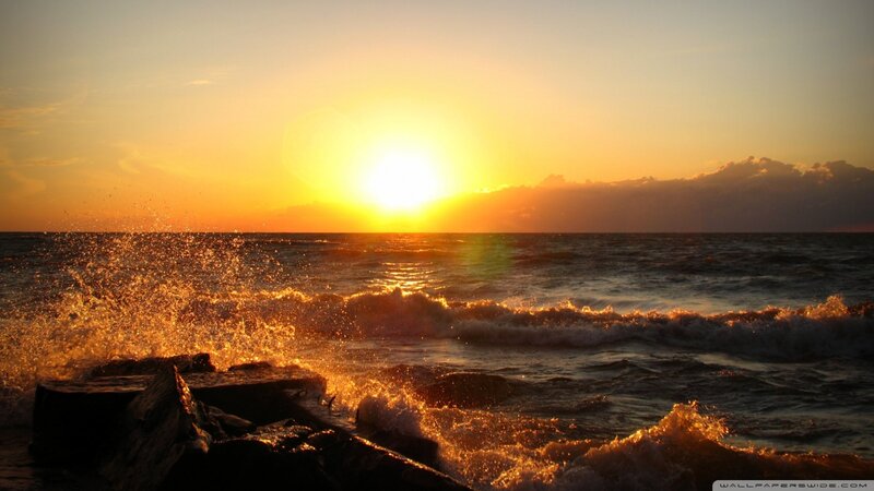 Waves Crashing on Rocks — Orange, Dramatic, Sunset, Photograph, Sun
