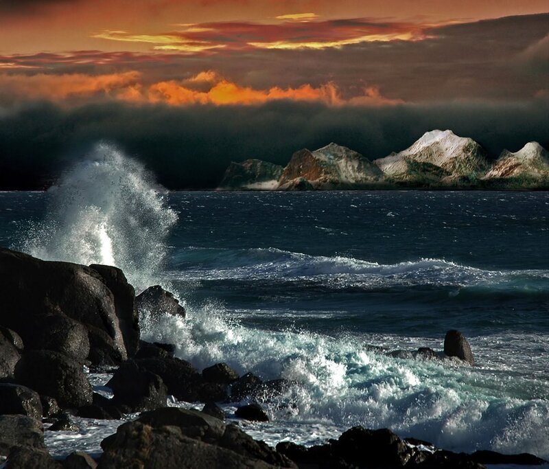 Waves Crashing on Rocks — Orange, Dramatic, Sunset, Photograph