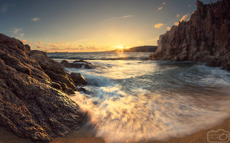 Waves Crashing on Rocks — Orange, Serene, Sunset, Photograph, Ocean, Sun, Sky