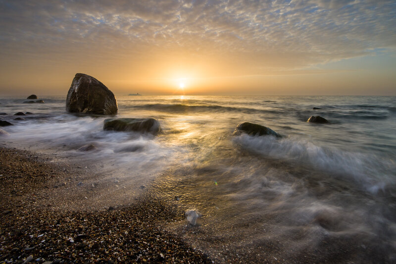 Waves Crashing on Rocks — Orange, Serene, Sunset, Photograph, Ocean, Sun