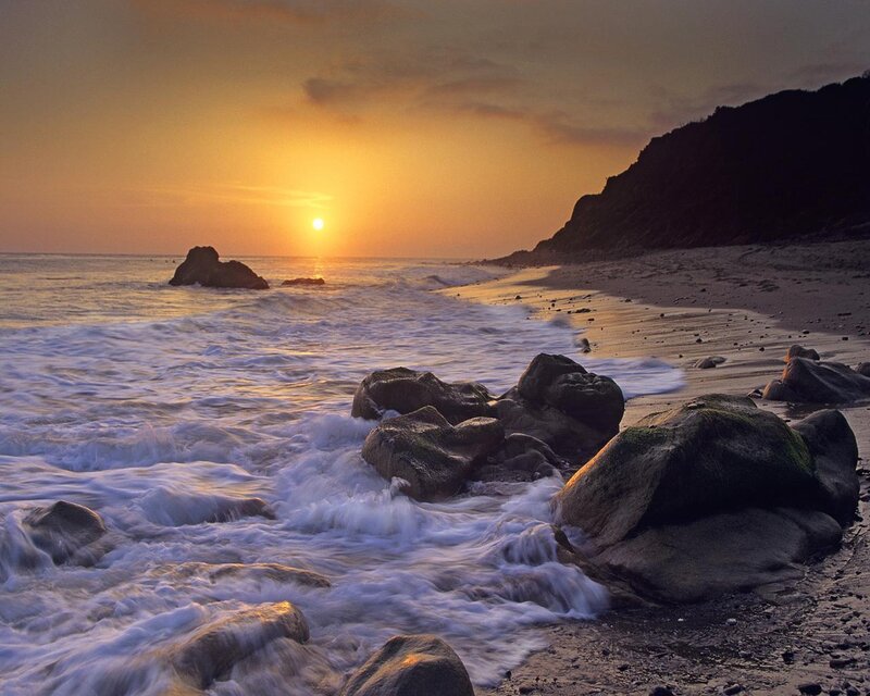 Waves Crashing on Rocks — Orange, Serene, Sunset, Photograph