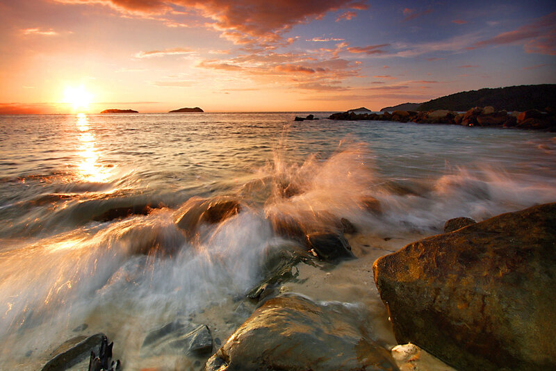 Waves Crashing on Rocks — Orange, Serene, Sunset