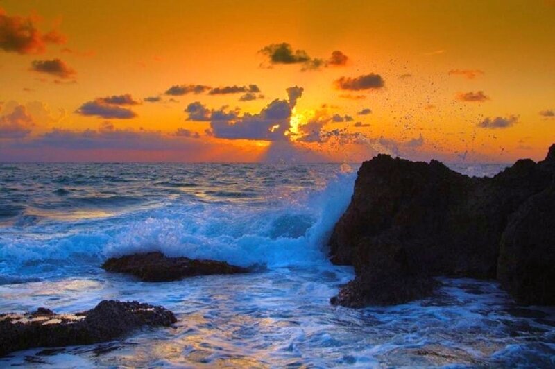 Waves Crashing on Rocks — Orange, Sky