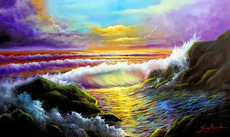 Waves Crashing on Rocks — Purple, Dramatic, Sunset, Painting