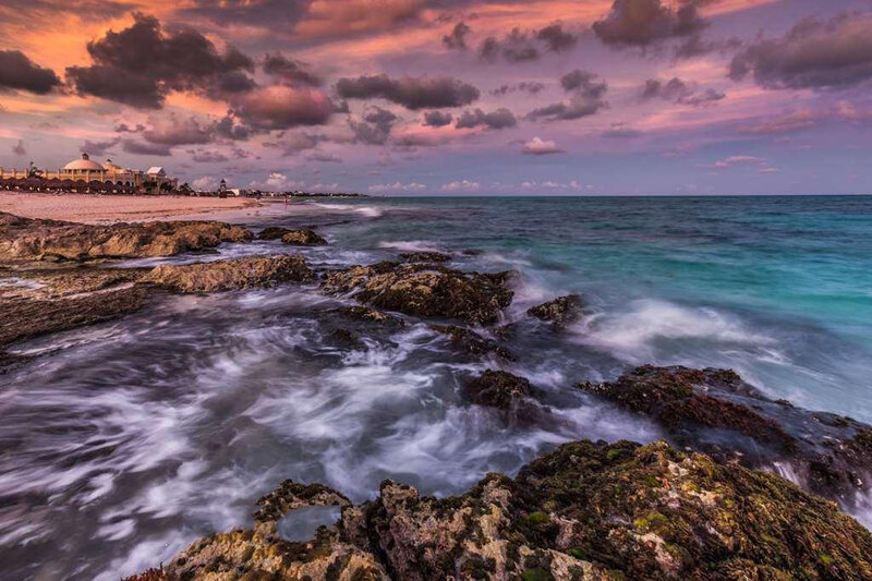 Waves Crashing on Rocks — Purple, Dramatic, Sunset, Photograph, Beach
