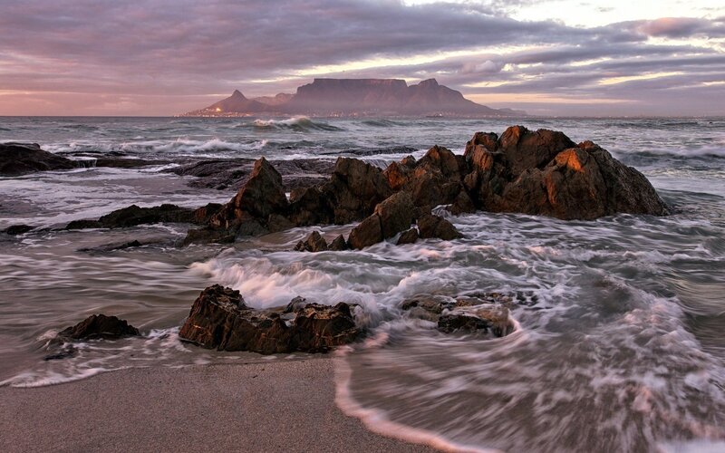 Waves Crashing on Rocks — Purple, Dramatic, Sunset, Photograph, Ocean, Mountain, Sky