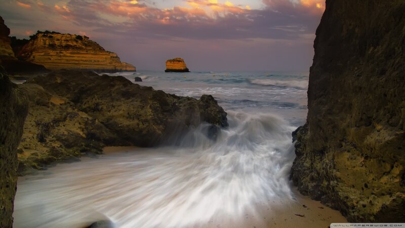 Waves Crashing on Rocks — Purple, Dramatic, Sunset, Photograph, Ocean, Sky, Cliff