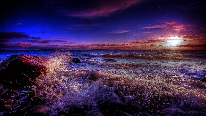 Waves Crashing on Rocks — Purple, Dramatic, Sunset, Photograph, Ocean, Sky, Sun