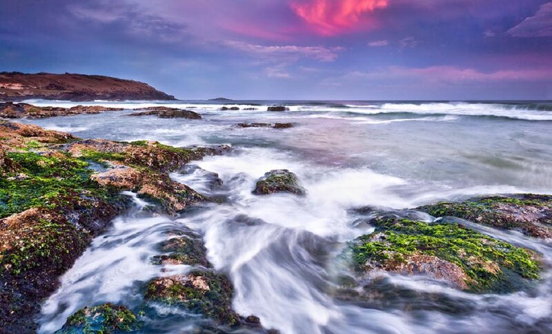 Waves Crashing on Rocks — Purple, Dramatic, Sunset, Photograph, Ocean, Sky
