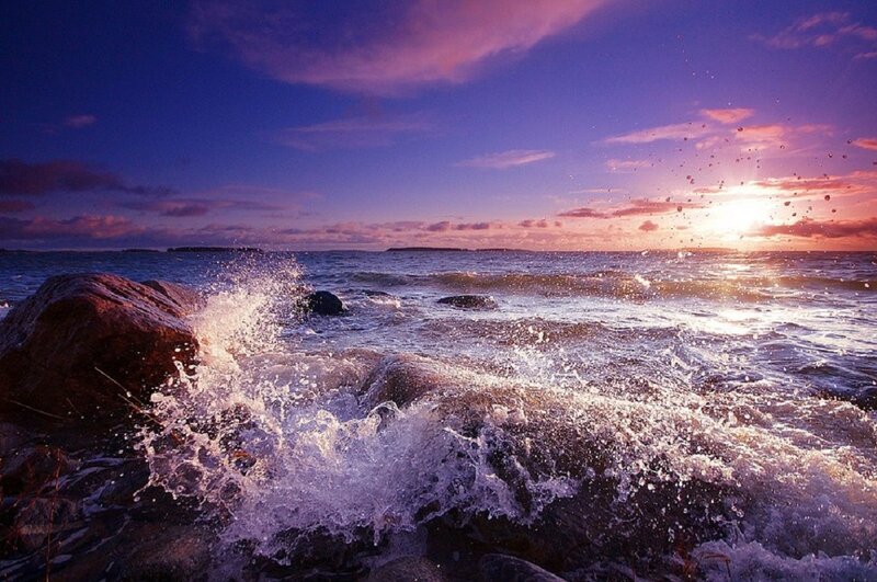 Waves Crashing on Rocks — Purple, Dramatic, Sunset, Photograph, Ocean, Sun