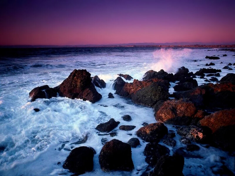 Waves Crashing on Rocks — Purple, Dramatic, Sunset, Photograph, Ocean