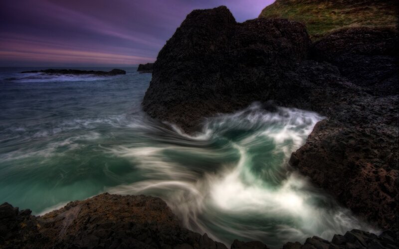 Waves Crashing on Rocks — Purple, Green