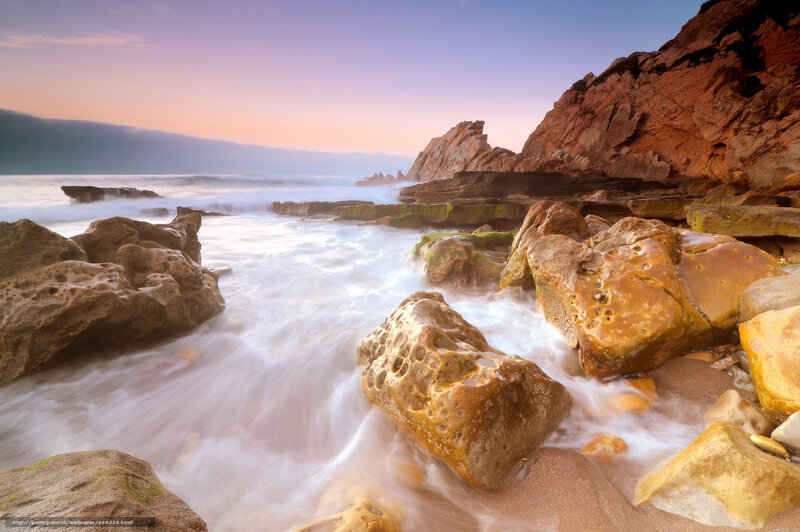 Waves Crashing on Rocks — Purple, Serene, Sunset, Photograph, Ocean