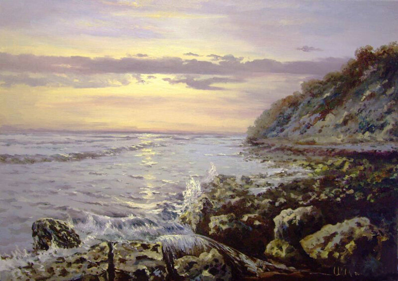 Waves Crashing on Rocks — Purple, Serene, Sunset