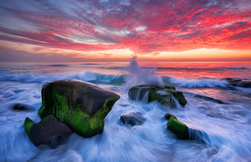 Waves Crashing on Rocks — Red, Dramatic, Sunset, Photograph, Ocean