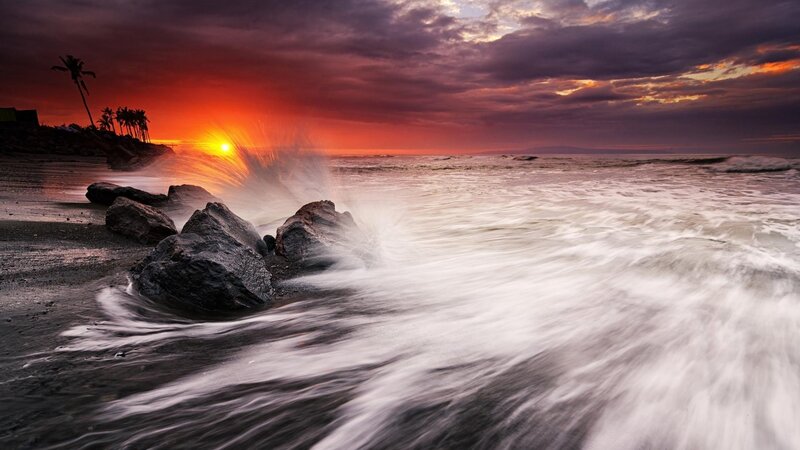 Waves Crashing on Rocks — Red, Dramatic, Sunset, Photograph, Sun, Palm Trees