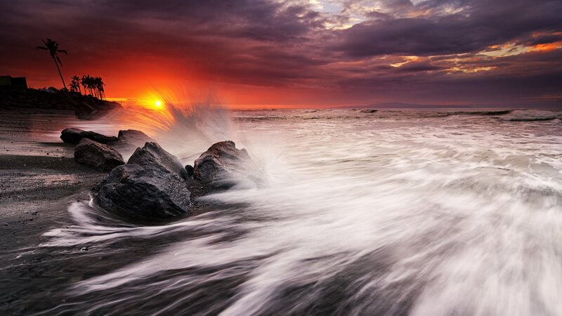 Waves Crashing on Rocks — Red, Dramatic, Sunset, Photograph, Sun
