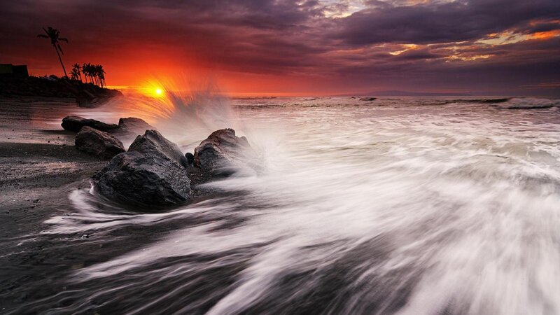 Waves Crashing on Rocks — Red, Dramatic, Sunset, Photograph