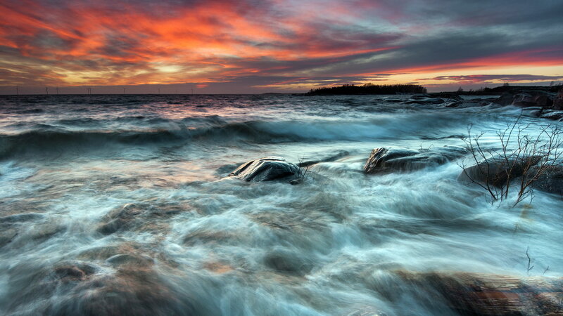 Waves Crashing on Rocks — Red, Dramatic, Sunset