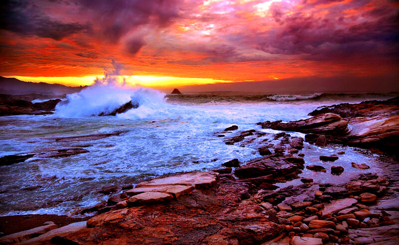 Waves Crashing on Rocks — Red