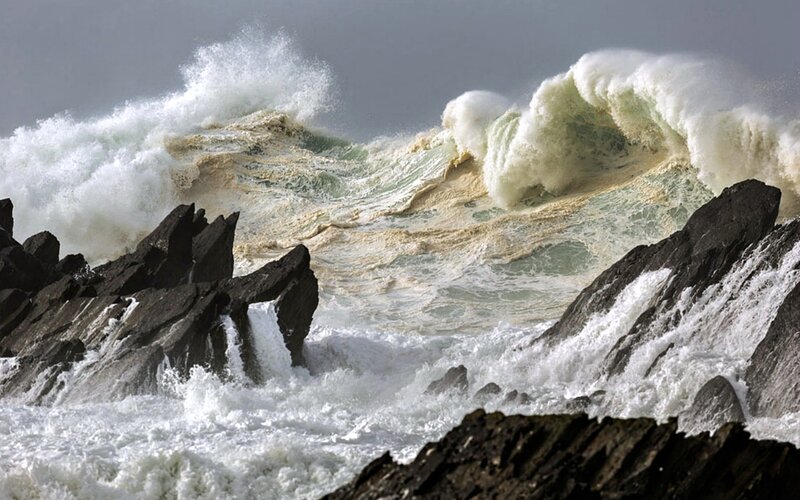 Waves Crashing on Rocks — White, Dramatic, Photograph