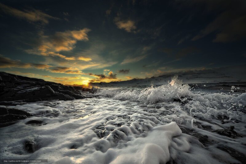 Waves Crashing on Rocks — White, Dramatic, Sunset