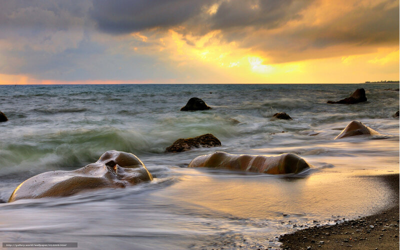 Waves Crashing on Rocks — Yellow, Dramatic, Sunset, Photograph, Ocean, Sky, Clouds
