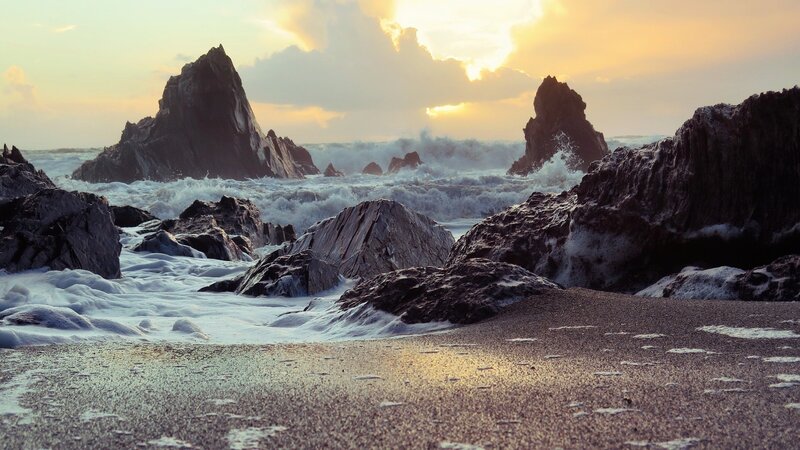 Waves Crashing on Rocks — Yellow, Dramatic, Sunset, Photograph, Ocean, Sky