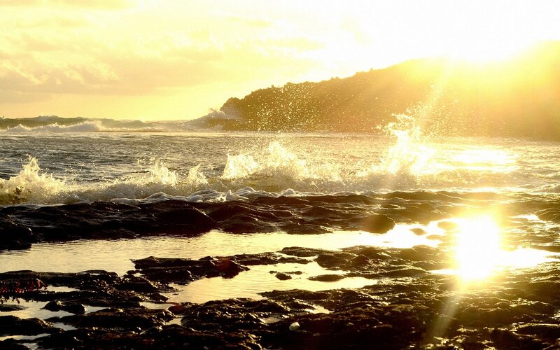 Waves Crashing on Rocks — Yellow, Dramatic, Sunset, Photograph, Ocean, Sun
