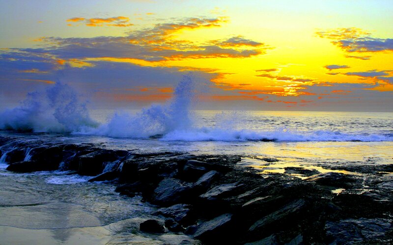 Waves Crashing on Rocks — Yellow, Dramatic, Sunset, Photograph, Ocean