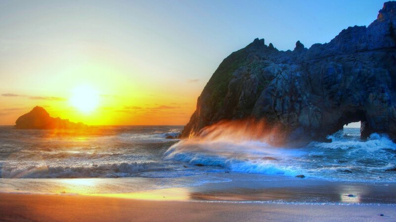 Waves Crashing on Rocks — Yellow, Dramatic, Sunset, Photograph, Sun, Ocean, Beach