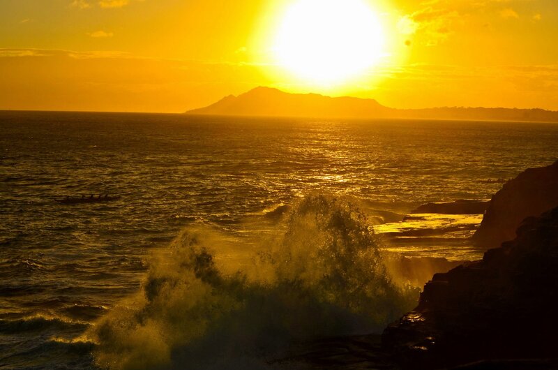 Waves Crashing on Rocks — Yellow, Dramatic, Sunset, Photograph, Sun, Ocean