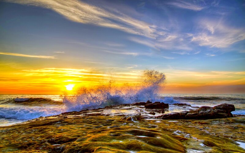 Waves Crashing on Rocks — Yellow, Dramatic, Sunset, Photograph, Sun