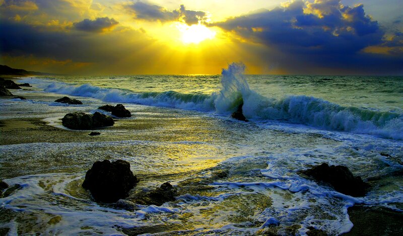 Waves Crashing on Rocks — Yellow, Dramatic, Sunset, Photograph