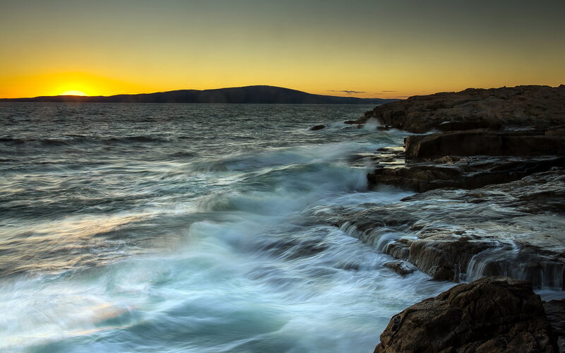 Waves Crashing on Rocks — Yellow, Dramatic, Sunset