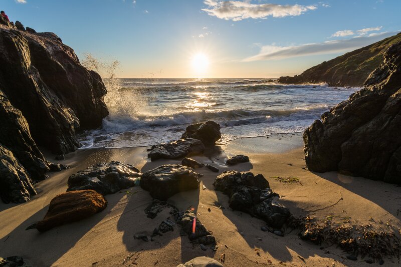 Waves Crashing on Rocky Beach — Blue, Dramatic, Sunset