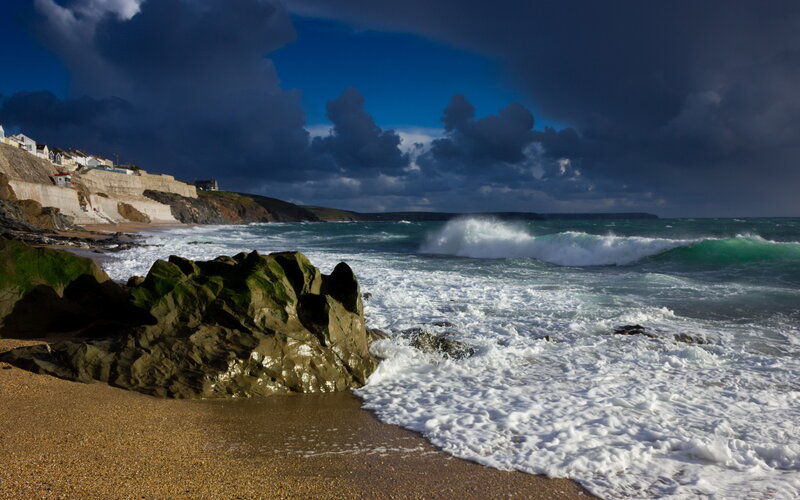 Waves Crashing on Rocky Beach — Blue, Dramatic