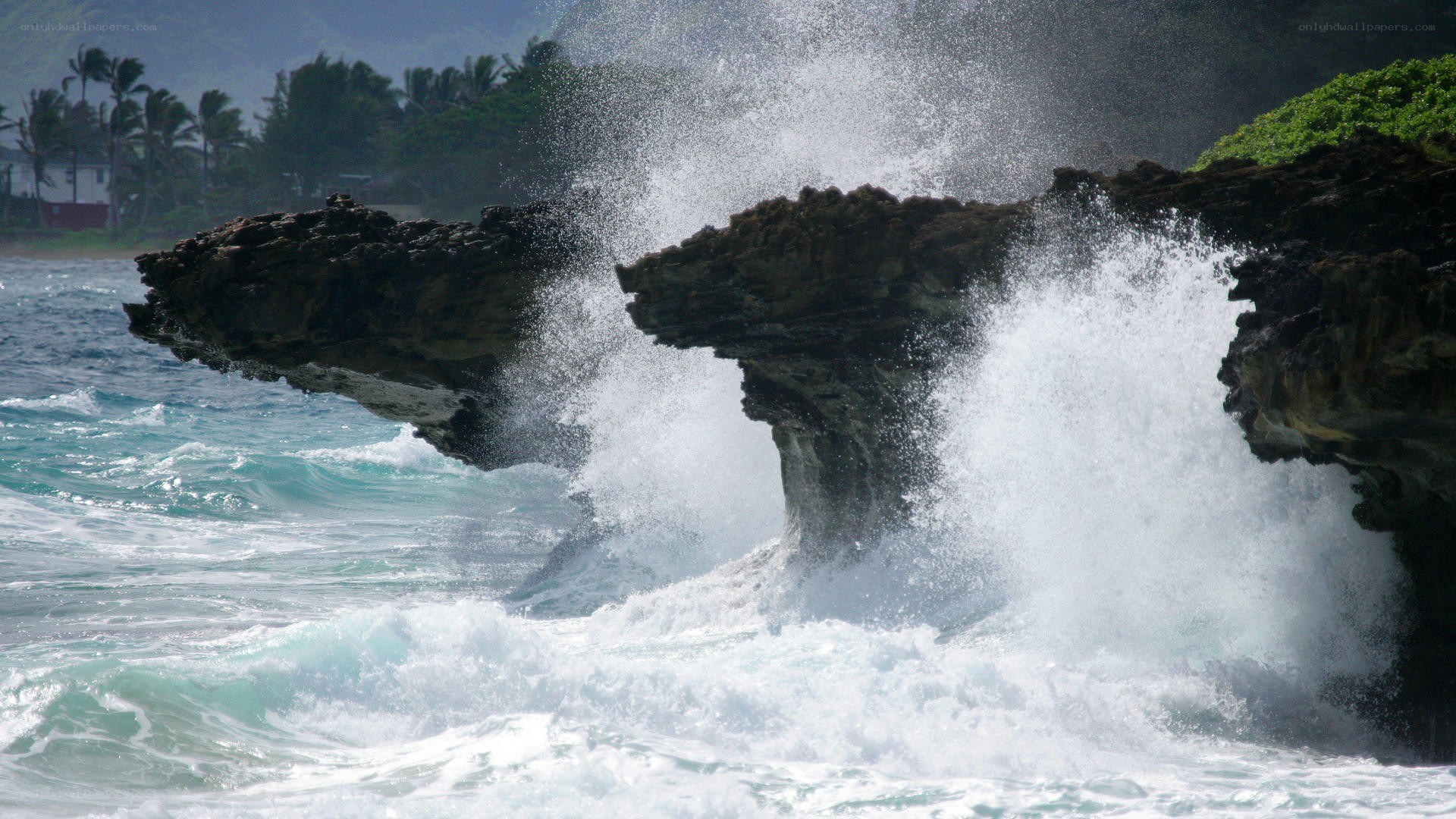 Waves crashing on rocky cliffs