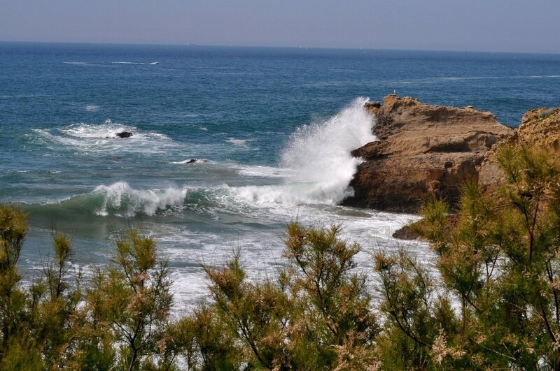 Waves crashing on rocky coast