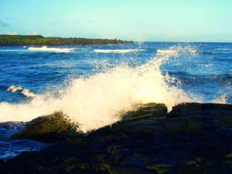 Waves crashing on rocky shore