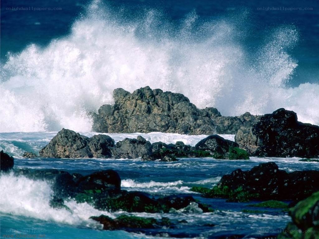 Waves crashing on rocky shore