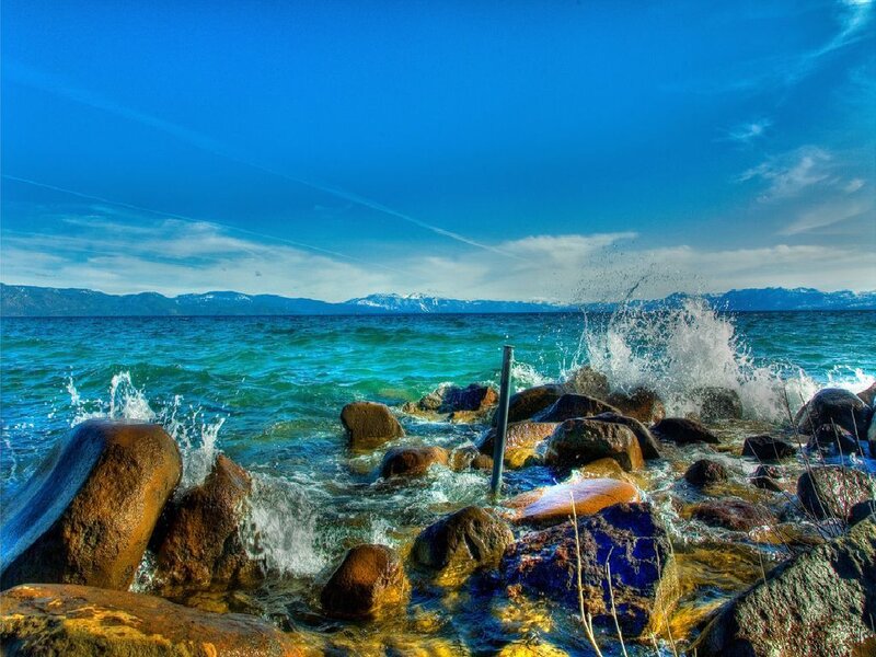 Waves crashing on rocky shore