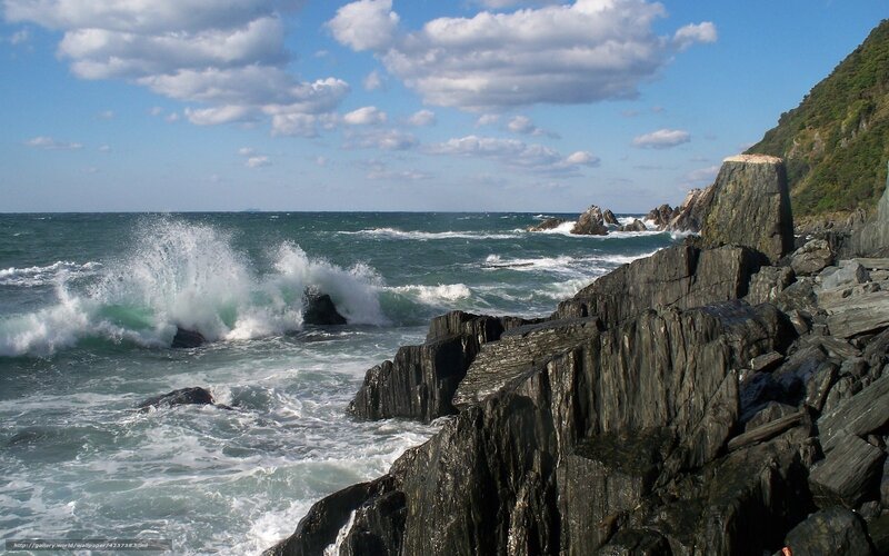 Waves crashing on rocky shore