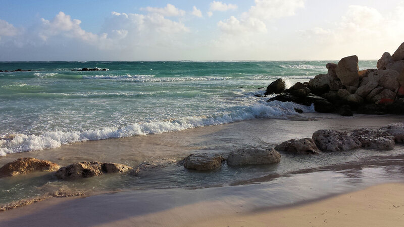 Waves Crashing on Rocky Shore — Blue, Calm