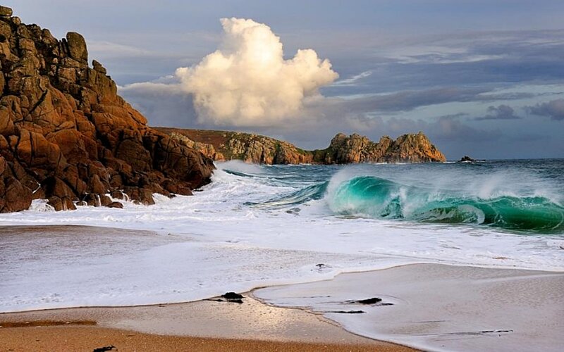 Waves Crashing on Rocky Shore — Blue, Dramatic, Afternoon, Photograph