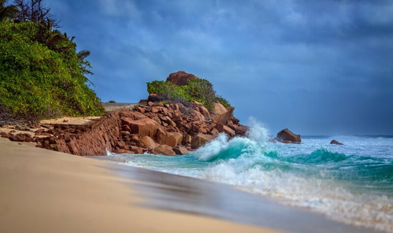 Waves Crashing on Rocky Shore — Blue, Dramatic, Afternoon