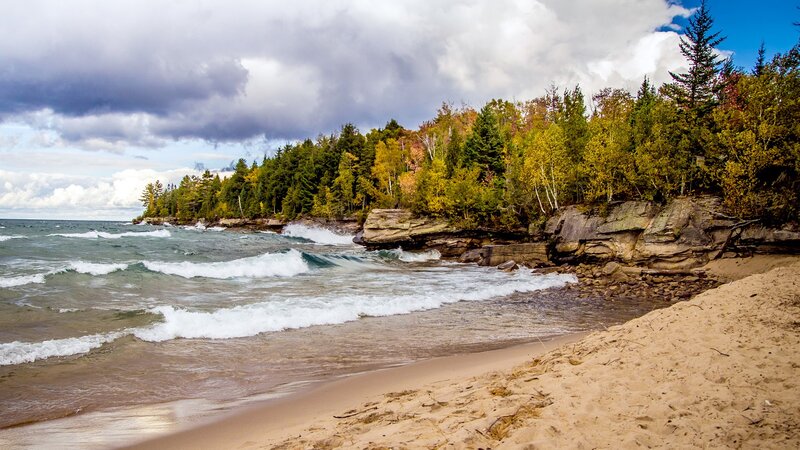 Waves Crashing on Rocky Shore — Blue, Dramatic, Autumn
