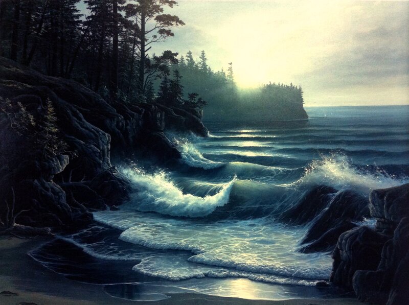 Waves Crashing on Rocky Shore — Blue, Dramatic, Sunset, Painting