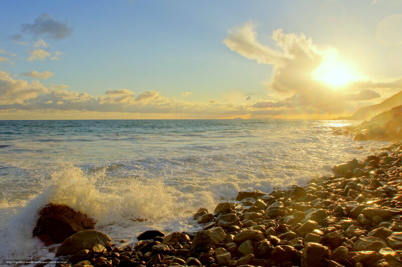 Waves Crashing on Rocky Shore — Blue, Serene, Sunset