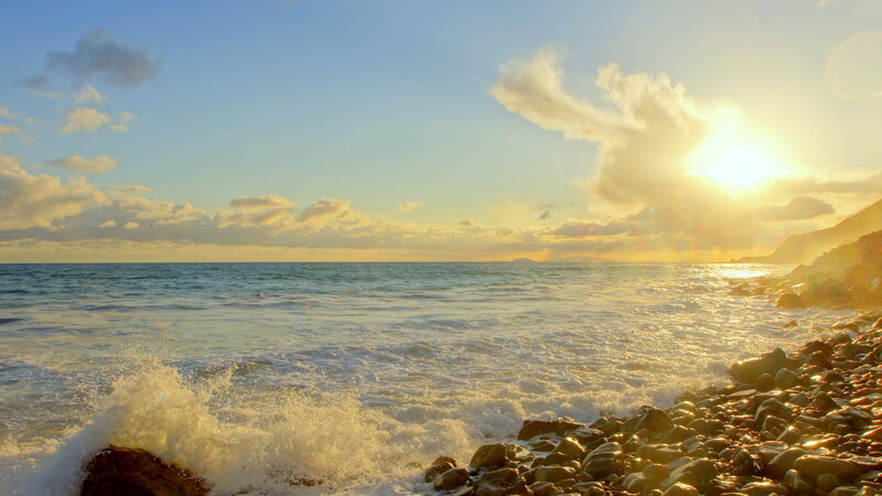 Waves Crashing on Rocky Shore — Blue, Serene